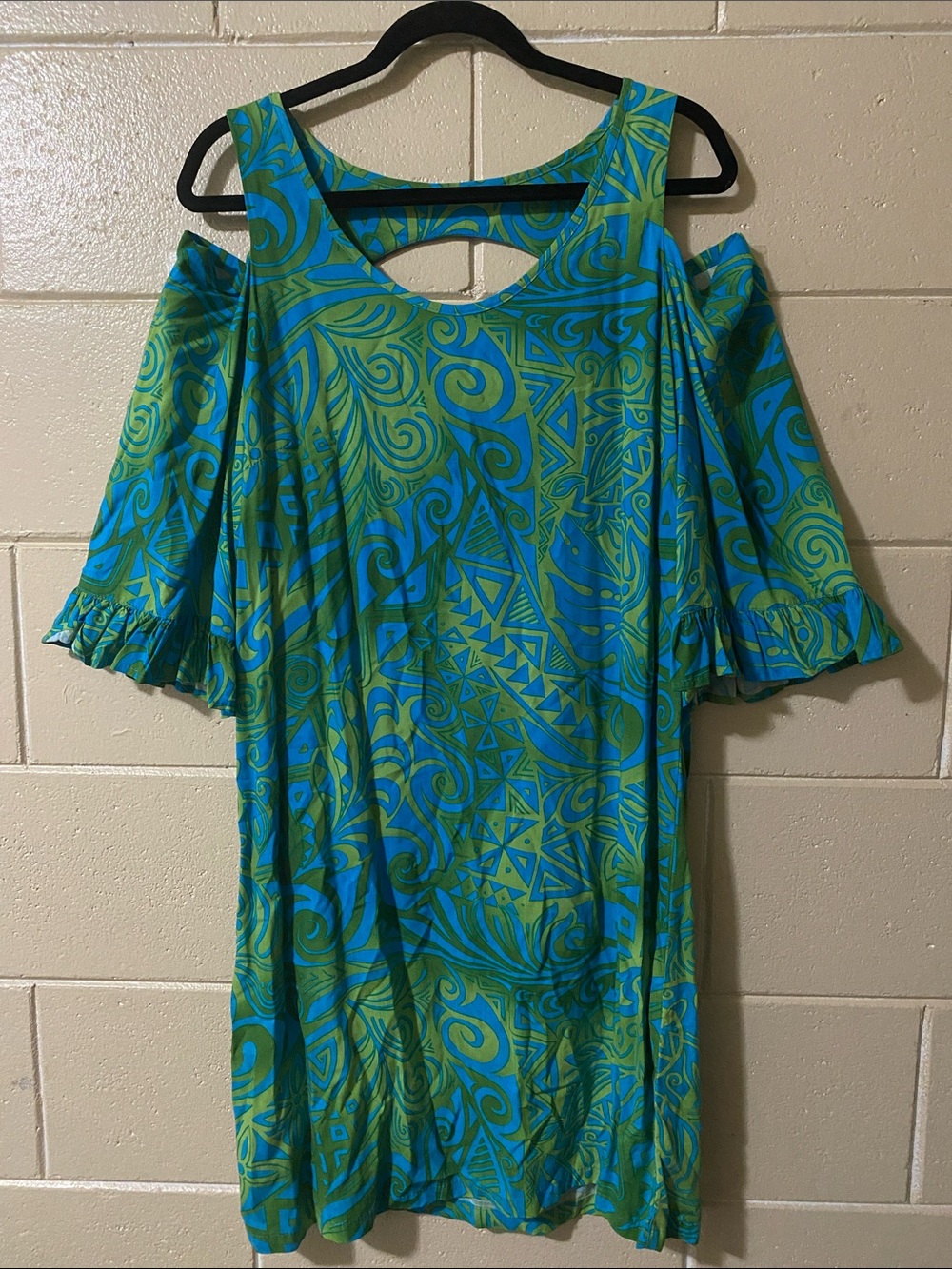 Blue & Green Cold-Shoulder Tunic Dress